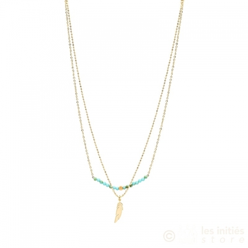 teal beads and feather necklace gold