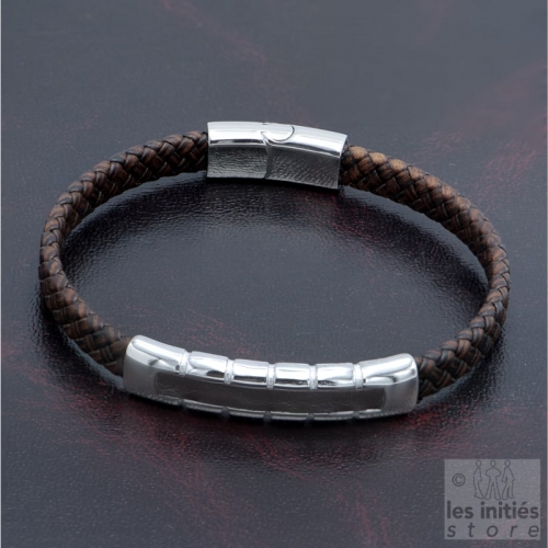 Bracelet cuir tressé incrusté acier marron