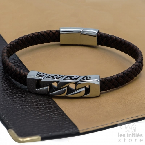 Bracelet cuir tresse marron acier stylisé gravé