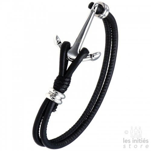 Bracelet double cuir noir ancre - Acier