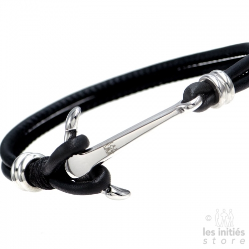 Bracelet double cuir noir ancre - Acier