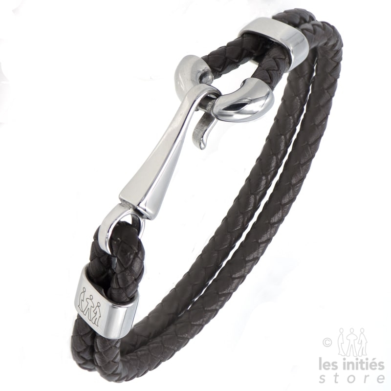 Double braided brown leather hook bracelet - Steel