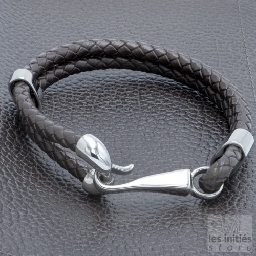 Bracelet double tressé crochet cuir marron - acier