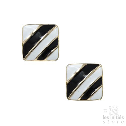 Earings 1980's pierced Square faceted acrylic with metallic silver enamel work.